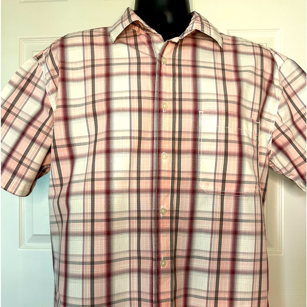 Aigle Cotton Plaid Short Sleeve Button Down Shirt  L Pink & Gray New Condition
